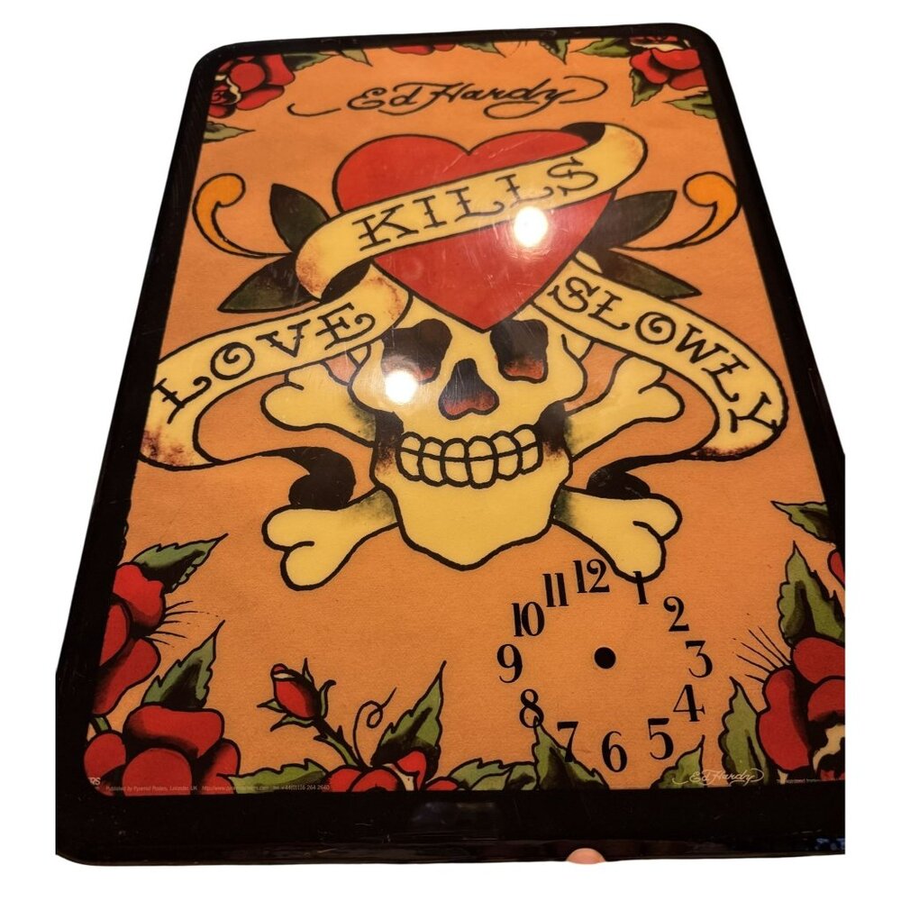 Ed Hardy Wall Clock With Skull & Roses Design